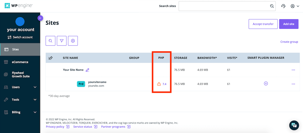 WP 引擎升级 PHP 选项