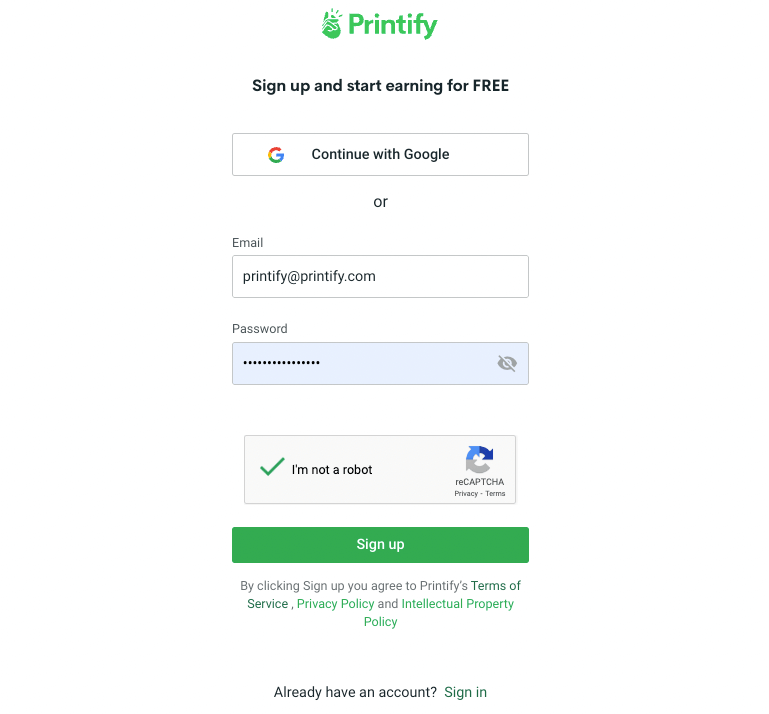 注册一个免费的Printify 帐户