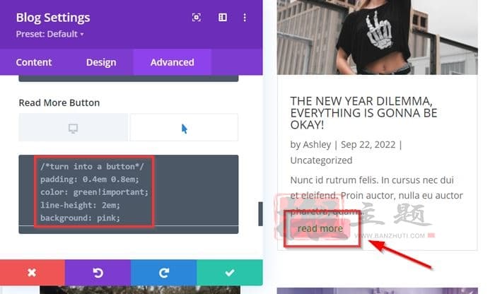 将“阅读更多”按钮放置在Divi主题博客模块中央的图文教程插图1
