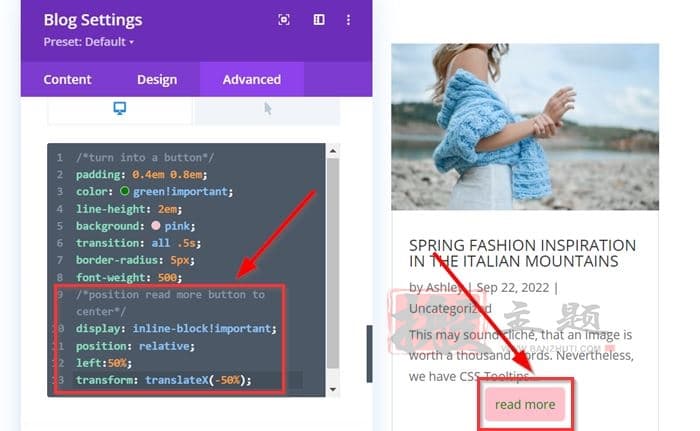 将“阅读更多”按钮放置在Divi主题博客模块中央的图文教程插图2